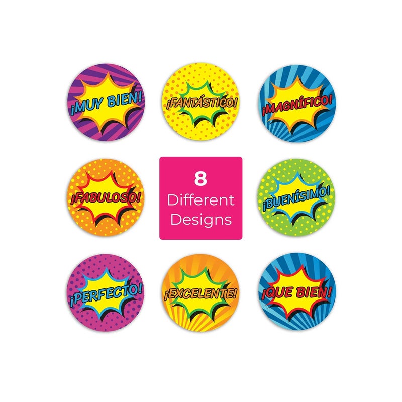 SBLABELS Spanish Reward Stickers / 500 Espanol Teacher Classroom Reward Stickers / 8 Alternating Superhero Comic Designs / 1.5" Student Praise Sticker - Image 2